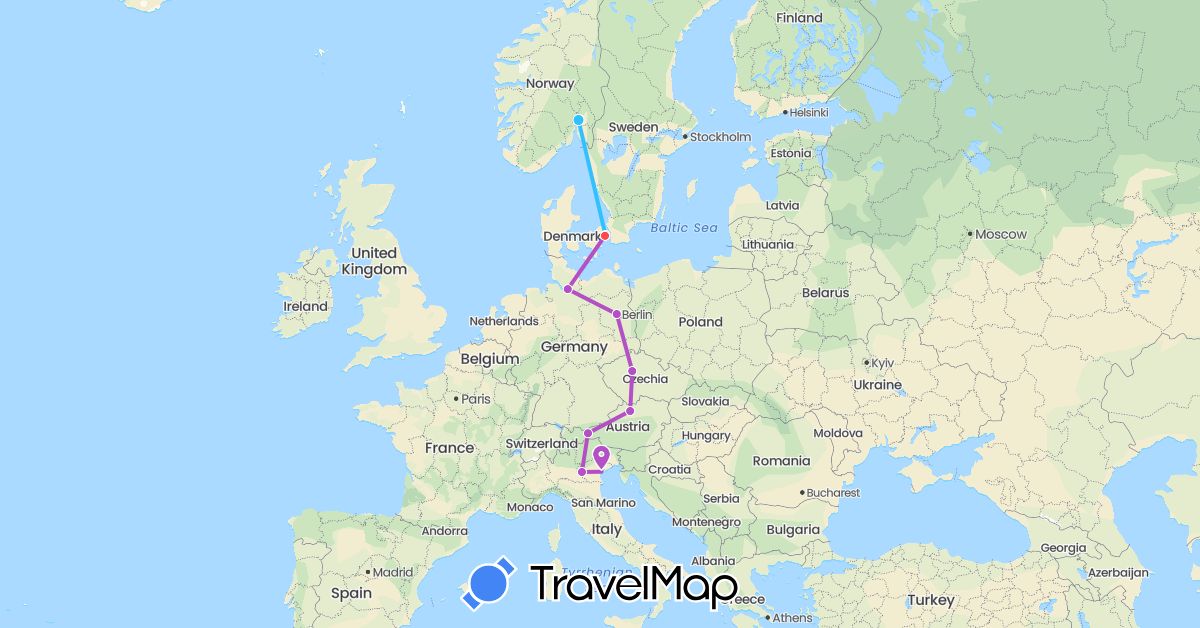 TravelMap itinerary: driving, train, hiking, boat in Austria, Czech Republic, Germany, Denmark, Italy, Norway (Europe)
